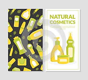 Natural Cosmetics Business Card Template, Skincare Beauty Cosmetic Products Cartoon Vector Illustratio