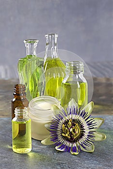 Natural cosmetics collection - cream, essential and aromatic oil of passion flower
