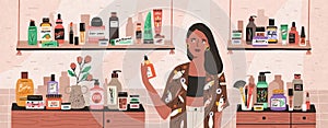 Natural cosmetics, eco products choosing in store flat illustration. Female shop assistant, cosmetic buyer cartoon