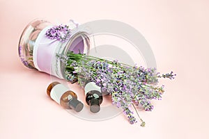 Natural cosmetics. Fresh lavender flowers and bottles essential oil or serum on pastel pink background.