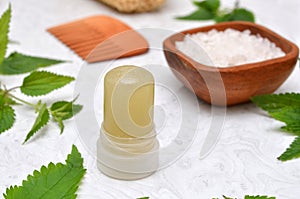 natural cosmetics, green antiperspirant sea salt on the table