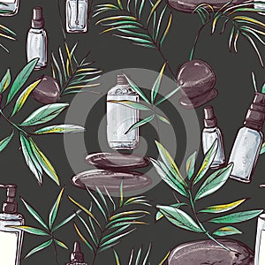 Natural cosmetics print, beauty treatment organic seamless pattern  in dark  color . aroma bodycare design