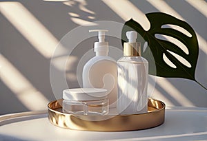 Natural cosmetics set in packaging in wooden tray on marble table with shadows. SPA, AI Generated