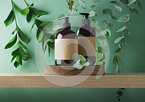 Natural cosmetics SPA bottles with labels on wooden podium on bathroom shelf for mock up packaging design over green leaves