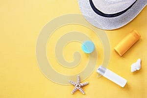 Natural cosmetics SPF for face and body on yellow background