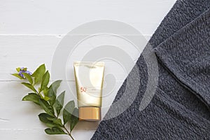 Natural cosmetics sunscreen spf50 and accessories of woman