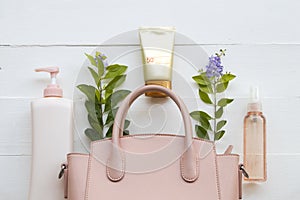 Natural cosmetics sunscreen spf50 and accessories of woman