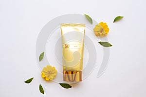 Natural cosmetics sunscreen spf50 health care for skin face with cosmos flowers