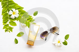 Natural cosmetics sunscreen spf50 health care for skin face with flowers frangipani ,leaf