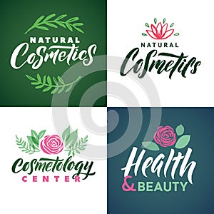 Natural Cosmetics Vector Logo. Health, Beauty and Cosmetogy Center. Leaves Illustration. Brand Lettering.