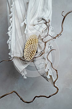 Natural cotton towel and wooden body brush with natural bristle on willow branches in front of the wall