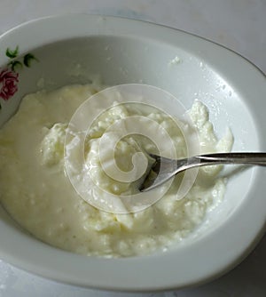 natural cow's milk cream in a plate,natural homemade cream,skimmed milk fat
