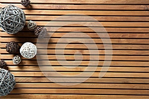 Natural decorative balls set on design wooden board for craftsmanship