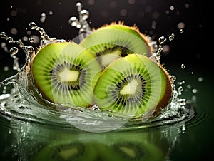 Natural delicious green sliced kiwis in clear water with splashes on a black background