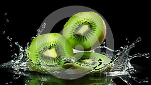 Natural delicious green sliced kiwis in clear water with splashes on a black background