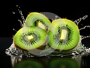 Natural delicious green sliced kiwis in clear water with splashes on a black background