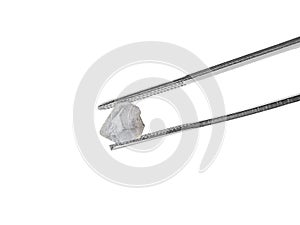 Natural diamond on white background held in diamond tweezers