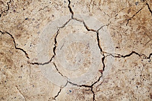 Natural dirty mud ground texture background. Closeup macro of dry brown soil sand land. Abstract earth nature backdrop, wallpaper