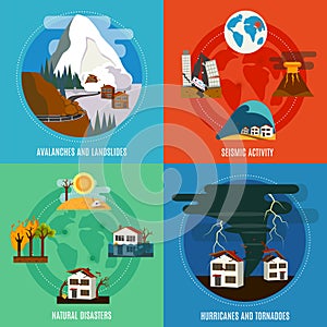 Natural Disaster 4 Flat Icons Set