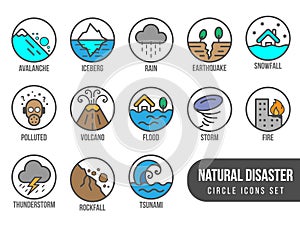 Natural disaster basic circle icon set with tide volcano erupting earthquake flood isolated vector design photo