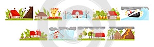 Natural Disaster and Catastrophe with House Damage Vector Set