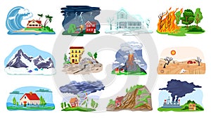 Natural disaster, catastrophe set of vector illustrations with tornado, blizzard, fire, tsunami. Hurricane, crisis in