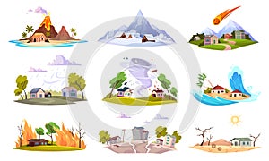 Natural disaster. Environment powers challenges and catastrophe, flooding, forest fire and hurricane danger, volcanic