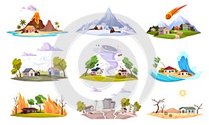 Natural disaster. Environment powers challenges and catastrophe, flooding, forest fire and hurricane danger, volcanic photo