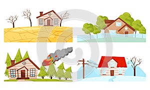 Natural Disaster with Forest Fire and Waterflood Vector Illustrations Set