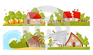 Natural Disaster with Forest Fire and Waterflood Vector Illustrations Set