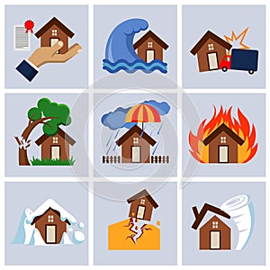 Natural disaster, house insurance business service vector icons.