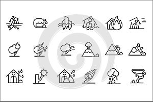 Natural disaster icon set, storm, flood, volcanic eruption, tornado, rockfall, fire, drought black line vector photo