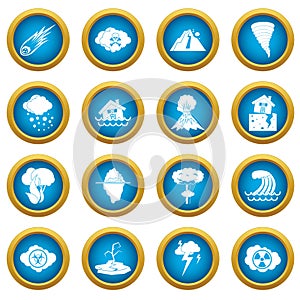 Natural disaster icons blue circle set