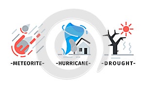 Natural Disaster Icons with Meteorite and Hurricane Vector Set