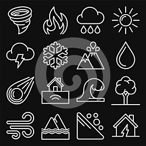 Natural Disaster Icons Set on Black Background. Line Style Vector