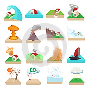 Natural disaster icons set, cartoon style