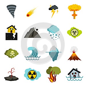Natural disaster icons set, flat ctyle