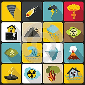 Natural disaster icons set, flat ctyle
