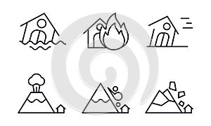 Natural disaster icons set, flood, fire, hurricane, volcanic eruption, rockfall, snow avalanche vector Illustration on a