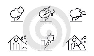 Natural disaster icons set, forest fire, thunderstorm, storm, rain, drought, snowfall vector Illustration on a white