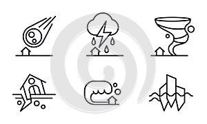 Natural disaster icons set, meteorite fall, thunderstorm, hurricane, earthquake, tsunami vector Illustration on a white