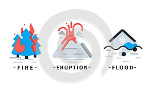 Natural Disaster Icons with Volcano Eruption and Fire Vector Set