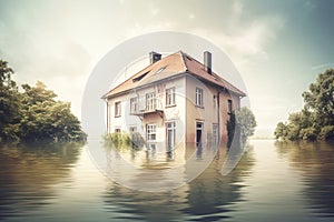 Natural disaster insurance, life and property safety concept, flood in city.