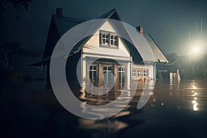 Natural disaster insurance, life and property safety concept, flood in city.