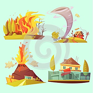 Natural Disaster Retro Cartoon 2x2 Icons Set