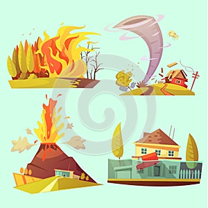 Natural Disaster Retro Cartoon 2x2 Icons Set photo