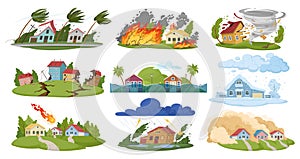 Natural disasters, cartoon damage catastrophe cataclysms. Hurricane, forest fire, flooding, earthquake and snow blizzard flat