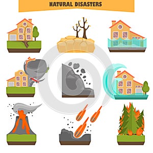 Natural disasters color flat set. Vector illustrations photo
