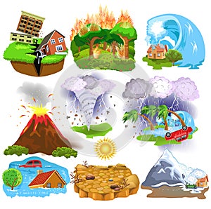 Natural Disasters icons like earthquake, tsunami, hurricane, avalanche, drought, tornado