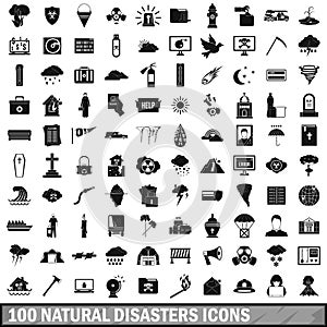 100 natural disasters icons set, simple style